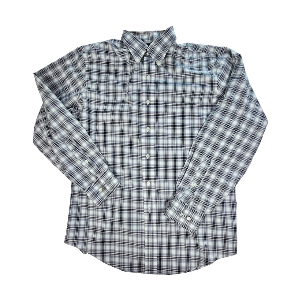 Jos A Bank Travelers Collection Shirt Mens Medium Tailored Fit Grey Plaid Cotton